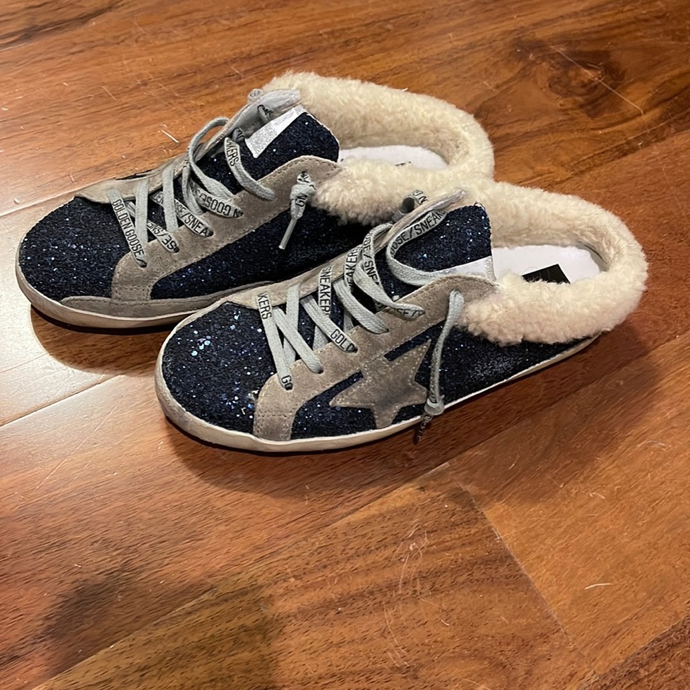 Navy glitter golden goose shearling slides